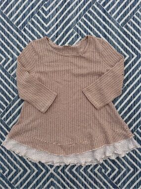 Hem & Thread Pink and White Striped Long-Sleeve Top with Lace Hem